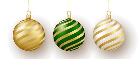 Christmas and New Year decor. Set of gold, white and green ornament balls on ribbon. vector
