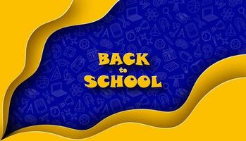 Back to school. Yellow wavy paper forms on blue background with school elements doodle pattern. vector