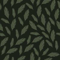 Hand drawn fir tree branch seamless pattern, flat vector illustration on dark green background. Evergreen tree twig pattern. Great for wrapping paper and textile decoration.