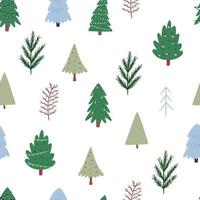 Christmas tree seamless pattern, flat vector illustration on white background. Various decorated Christmas trees drawing. Cute pattern, grat for wrapping paper.