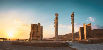 Persepolis, Iran, 2022 - Beautiful Sunset in Persepolis, capital of the ancient Achaemenid kingdom. Ancient sites columns. Ancient Persia.Famous travel destination photo
