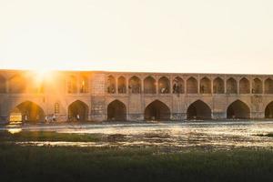 Isfahan, Iran,  2022 - people chill and socialize around SioSe Pol or Bridge of 33 arches, one of the oldest bridges of Esfahan and longest bridge on Zayandeh River photo