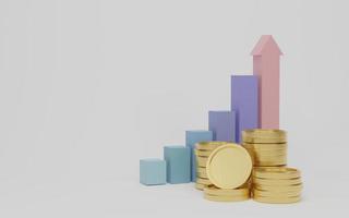 Stair step to growth success and bar graph with gold coins stack. Growth, finance, graph and invest business concept. 3d render illustration. photo