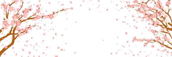Branches with pink flowers and cherry buds. Sakura. Petals flying in the wind. isolated on white background. vector illustration.
