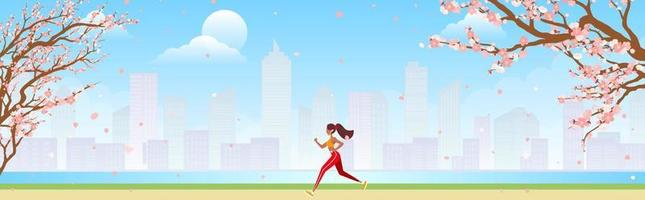 Runner training outdoors. Sporty girl running down city park pathway in morning. Vector illustration for health, active lifestyle, morning exercise, jogging concept.