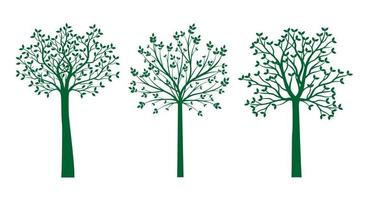 Set of green Trees with Leaves. Vector outline Illustration.