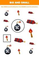 Education game for children arrange by size big or small by drawing circle and square of cute cartoon bomb dynamite and torch printable pirate worksheet vector