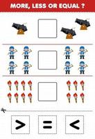 Education game for children count more less or equal of cartoon cannon old man torch then cut and glue the correct sign pirate worksheet vector