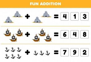 educación juego para niños divertido adición por adivinar el correcto número de linda dibujos animados cueva Embarcacion y ancla imprimible pirata hoja de cálculo vector