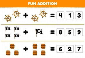 Education game for children fun addition by guess the correct number of cute cartoon wheel flag and barrel printable pirate worksheet vector