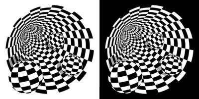 abstract black white checkerboard tunnel with balls inside. Round wormhole, path into unknown. Scientific research and travel. Vector