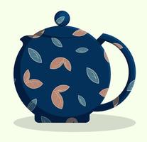 Chinese ceramic teapot with floral ornament for tea drinking. Kitchenware, breakfast utensils. Vector in flat style