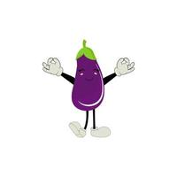 Cute eggplant character vector illustration. Flat eggplant cartoon character waving. Minimal purple eggplant fruit design for children books. Eggplant cartoon character.