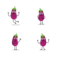 Cute eggplant character vector illustration. Flat eggplant cartoon character waving. Minimal purple eggplant fruit design for children books. Eggplant cartoon character.