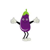 Cute eggplant character vector illustration. Flat eggplant cartoon character waving. Minimal purple eggplant fruit design for children books. Eggplant cartoon character.