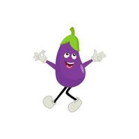 Cute eggplant character vector illustration. Flat eggplant cartoon character waving. Minimal purple eggplant fruit design for children books. Eggplant cartoon character.