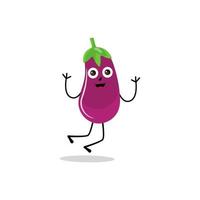 Cute eggplant character vector illustration. Flat eggplant cartoon character waving. Minimal purple eggplant fruit design for children books. Eggplant cartoon character.