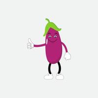 Cute eggplant character vector illustration. Flat eggplant cartoon character waving. Minimal purple eggplant fruit design for children books. Eggplant cartoon character