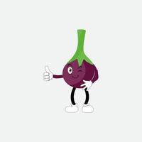 Cute eggplant character vector illustration. Flat eggplant cartoon character waving. Minimal purple eggplant fruit design for children books. Eggplant cartoon character