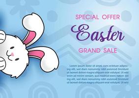 Cute bunny hide and seek with sale wording, example texts on abstract pattern and blue background. Happy Easter sale banner in vector design.