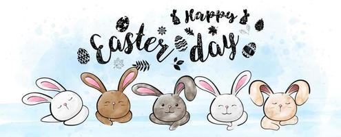 Group and different bunny species  with wording of Easter day on blue background. Greeting card and poster of Easter day in banner and vector design.