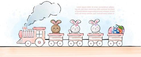 Retro toy train delivery with cute bunny and Easter eggs in watercolors style and example texts on light blue background. Greeting card and poster of Easter day in banner and vector design.