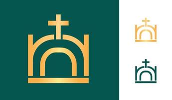 Church symbol with cross in gold and green colors vector