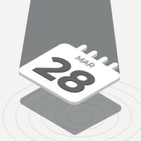 March 28 - Black and white 3D calendar floating with spotlight on white background vector