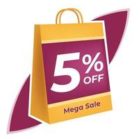 5 percent off. 3D Yellow shopping bag concept in white background. vector