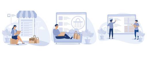 Online retailer concept, Online shopping wishlist, buy product in stock, retail store, my orders list, shopping cart, user account, set flat vector modern illustration