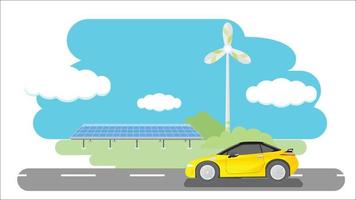 Vector or Illustrator of concept electric car. EV sport car yellow color drive on aspahlt road. with background of solar panels and wind turbines on meadow. and blue sky with white clouds.