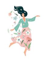 Woman dances with flowers.Self care, self love, harmony. Isolated illustration. vector