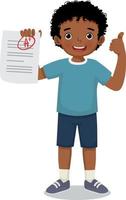 cute little African schoolboy holding exam paper with good mark A plus grade in test result feeling happy vector