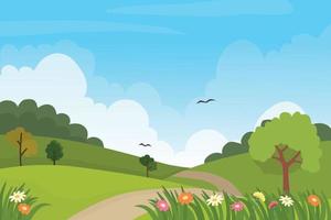 Countryside nature landscape cartoon background with green grass, tree, hill, road and flowers vector