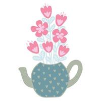 Cute teapot with a bouquet of pink tulips vector