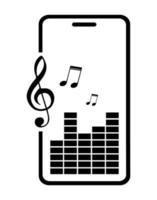 Icon. Smartphone with equalizer scale, sound volume and musical notes symbols on screen. Listening to audio on mobile device. Vector