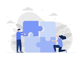 Business team putting together jigsaw puzzle isolated flat vector illustration. cartoon partners working in connection. teamwork, partnership. Modern vector flat illustration.
