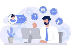 cliente servicio, línea directa operadores consultar clientes con auriculares en ordenadores, 24 horas global en línea técnico apoyo, llamada centro. moderno vector plano ilustración