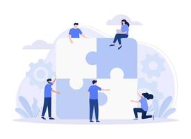 Putting together jigsaw puzzle isolated. Teamwork, partnership. Modern vector flat illustration.