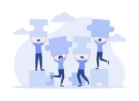 Teamwork connecting puzzle elements, cooperation, partnership. Modern vector flat illustration