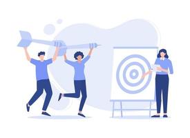 Peoples with the dart ready to the goal target according to the directions. Modern flat illustration vector