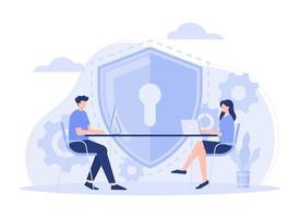 Two people working on innovations for security system, concept of data protection vector