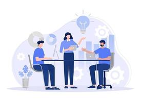 Workers are sitting at the negotiating table, collective thinking and brainstorming, company information analytics. Modern vector flat illustration