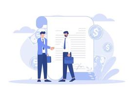 Tiny people sign a document, financial business agreement, web contract. Modern flat illustration vector