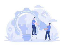 Two people connecting light bulb puzzle, finding ideas solving problems. Modern flat illustration vector