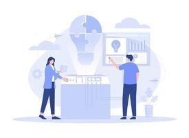 Man and woman connecting light bulb puzzle, finding ideas solving problems. Modern flat illustration vector