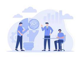 Teamwork connecting light bulb puzzle, finding ideas solving business problems flat illustration vector