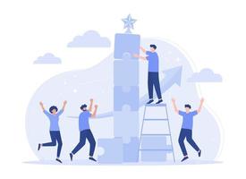 Team work successfully connect puzzle elements, jump happily. Modern vector flat illustration