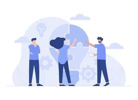 Teamwork connecting light bulb puzzle, finding ideas solving problems. Modern flat illustration vector