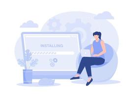 A woman installing software via laptop, update and maintenance software. Modern flat illustration vector